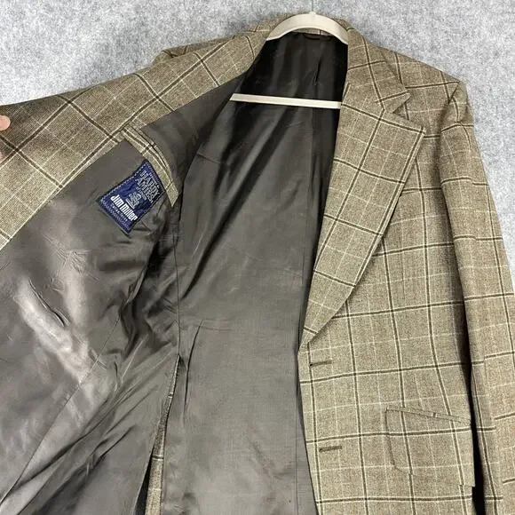 Vintage Hardy Amies Blazer Sport Coat Mens 40R Tan Plaid Wide Lapel Academia